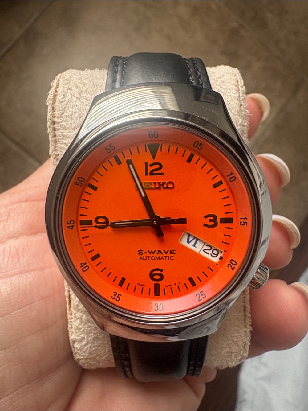Seiko Orange Dial S-Wave Automatic with Black Strap